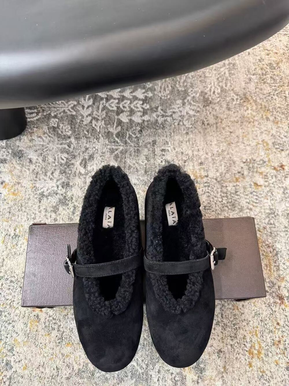Alaia Black Shearling Mary Jane Flats
